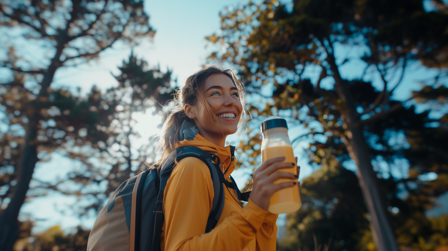 Happy woman hiking holding FodMap Foods Shake