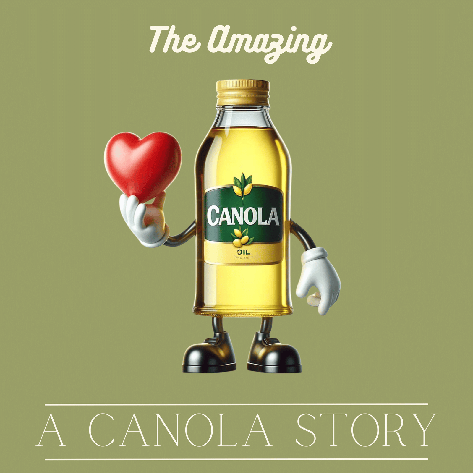 Image of a canola bottle with hands and shoes. Holding a heart and the title is "the amazing, canola, A Canola Story