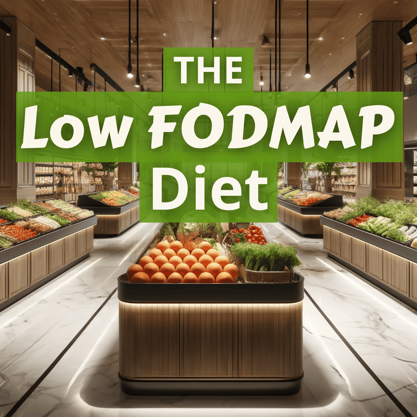 Modern looking produce section of a grocery store with an overlay that says, "the Low FODMAP diet"
