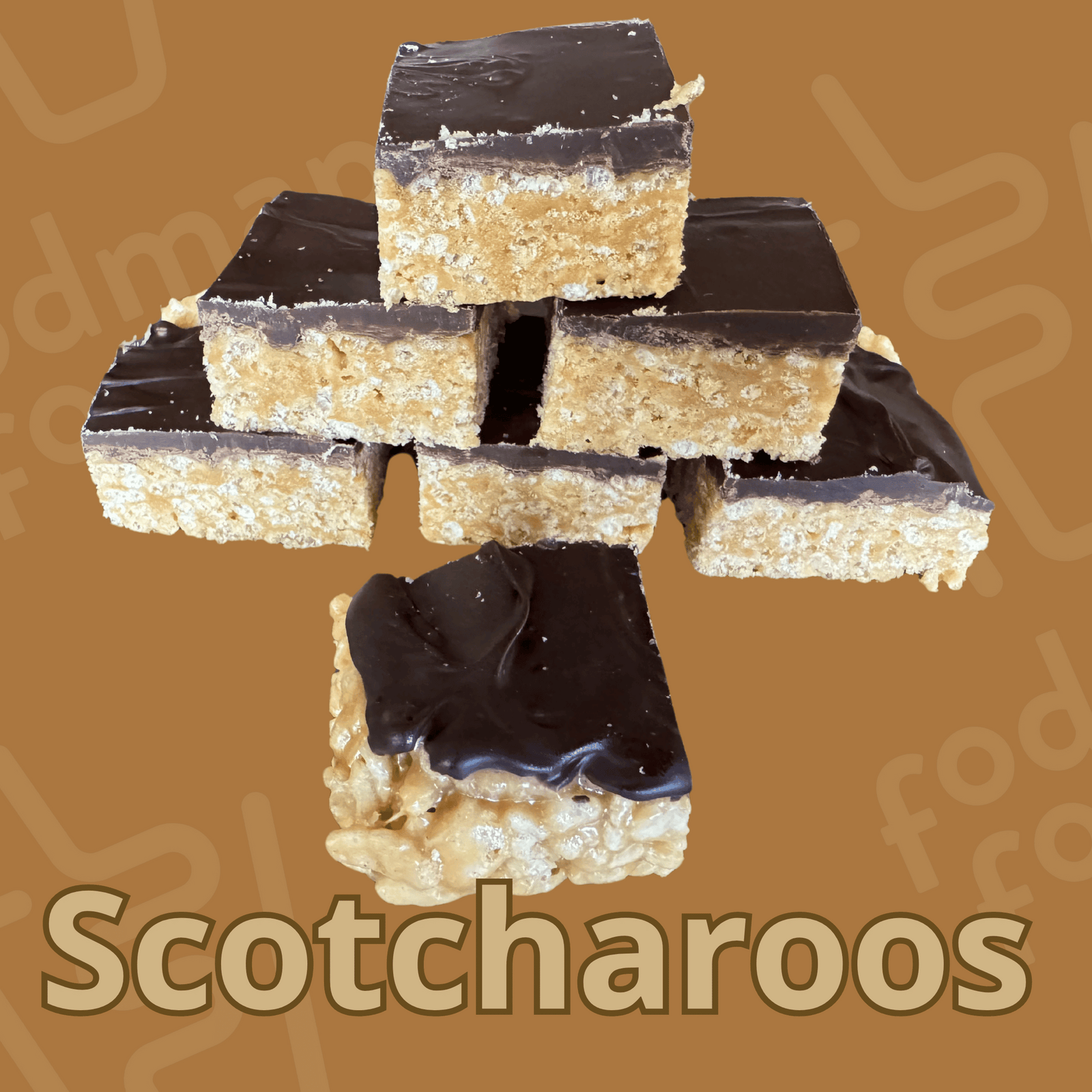 A stack of Scotcheroos, crispy peanut butter rice bars topped with a glossy chocolate layer, set against a brown background with bold text.