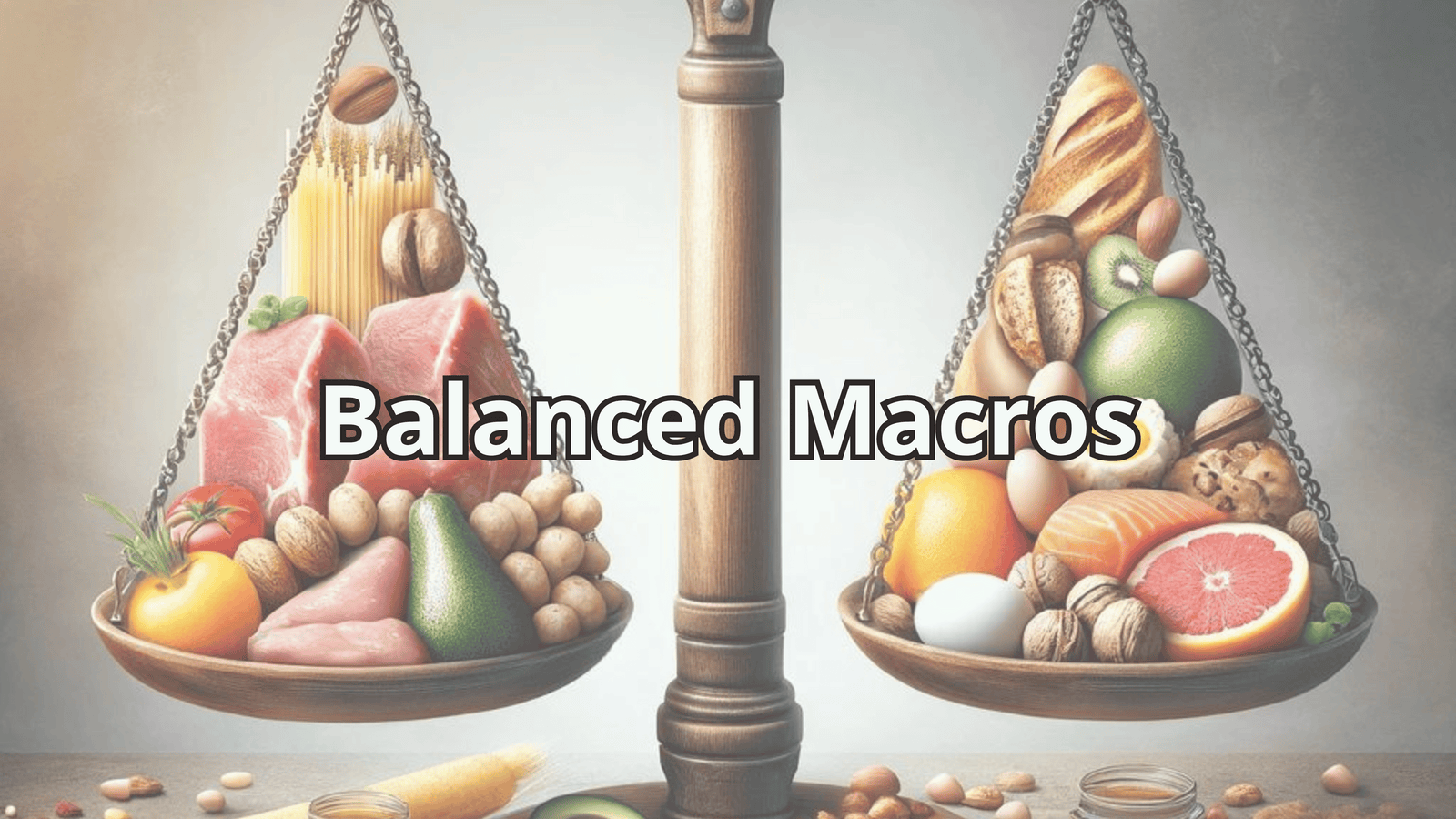 A balanced scale filled with proteins, fats, and carbohydrates, symbolizing macro balance. Bold text 'Balanced Macros' emphasizes nutritional harmony.