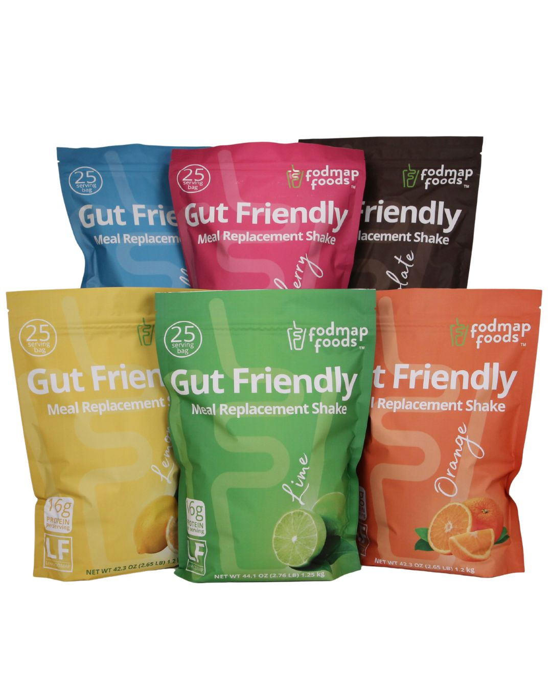 Bags of Meal Replacment. Low FODMAP monash certified all flavors. Vanilla, Orange, Raspberry, Lemon, and Chocolate. 