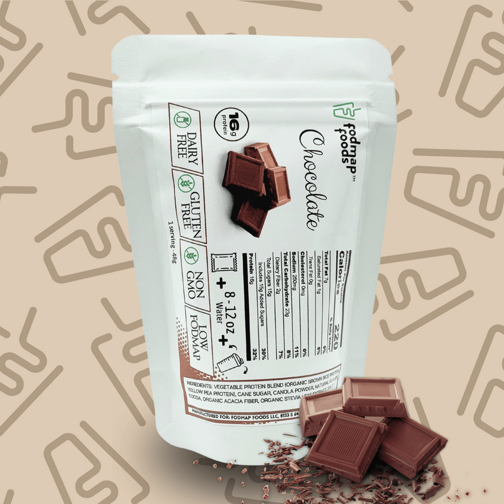 Chocolate sample Sachet Low FODMAP with fresh Chocolate  and logo background 
