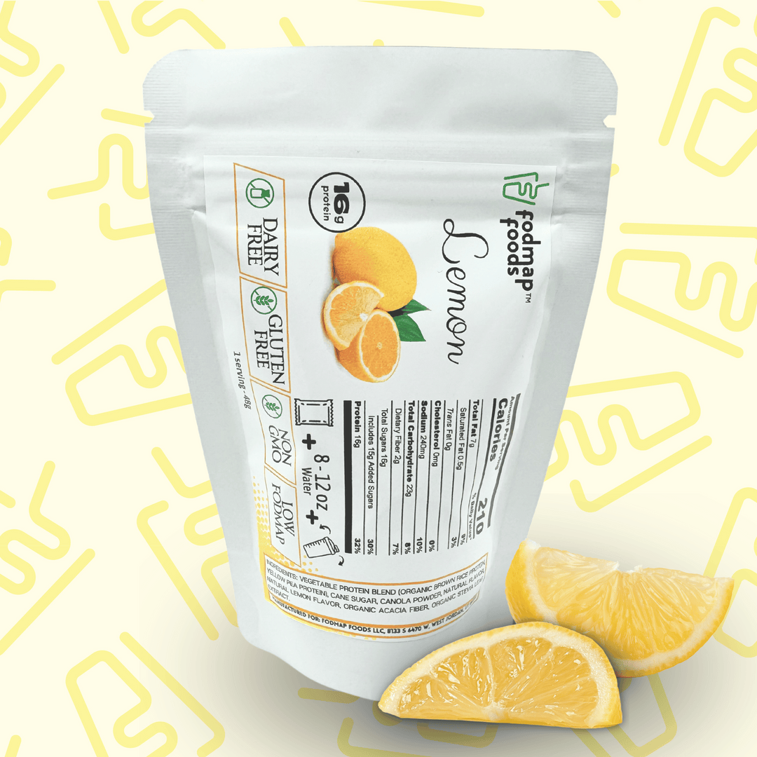 Lemon sample Sachet Low FODMAP with fresh lemon and logo background 