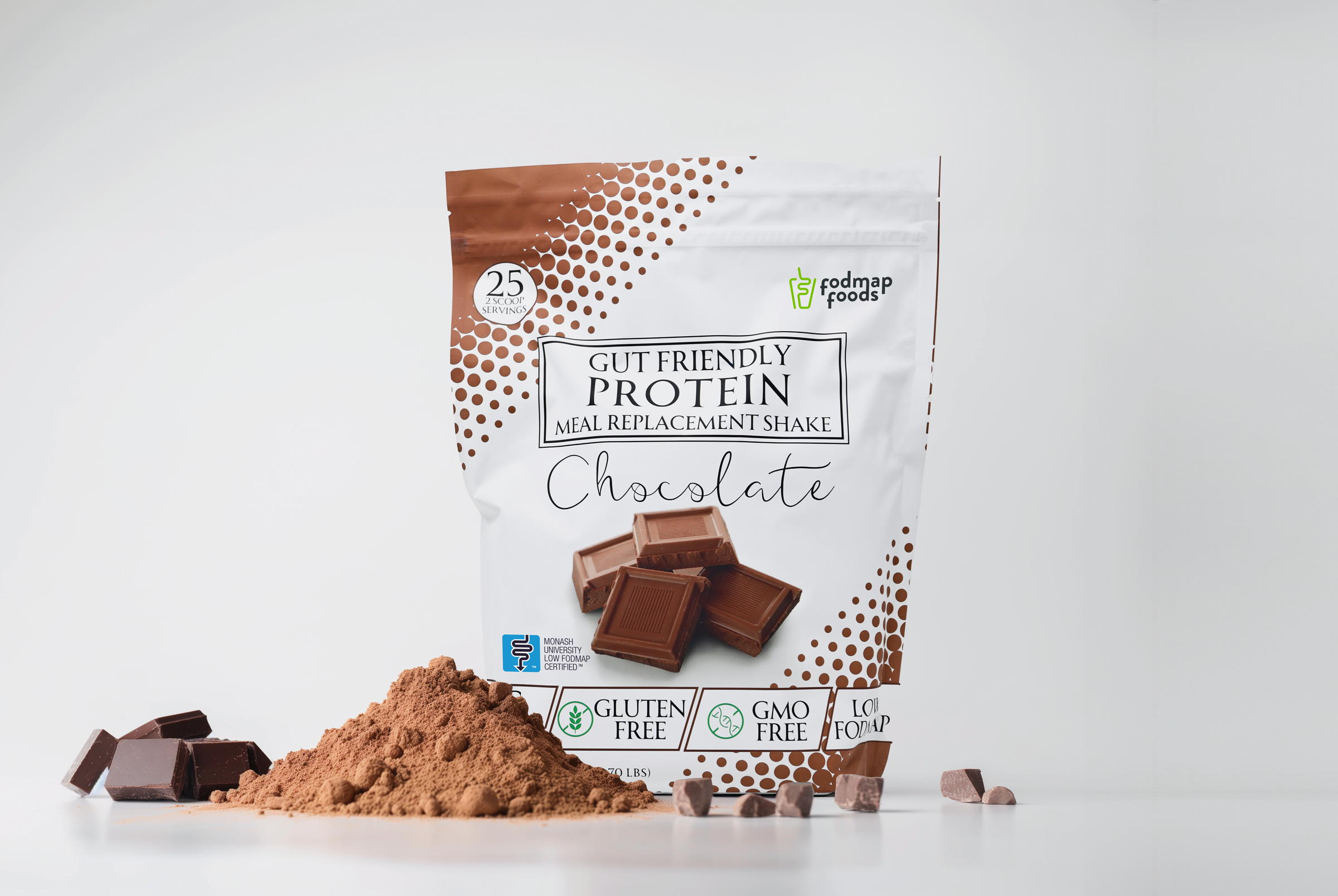 Bag of Chocolate Fodmap Foods protein powder surrounded by chocolate and powder