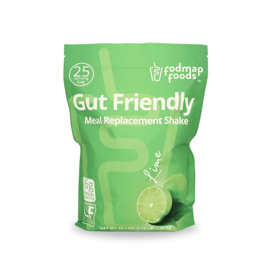Green package of 'Gut Friendly' Low FODMSP meal replacement shake with lime flavor on a white background