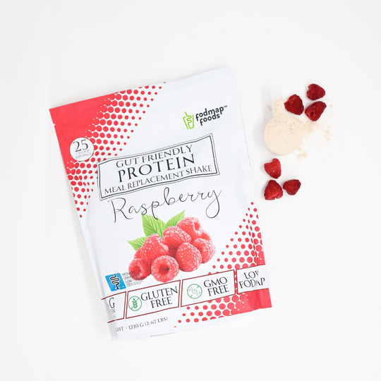 Delicious looking bag of Raspberry meal replacement shake with fruit and powder