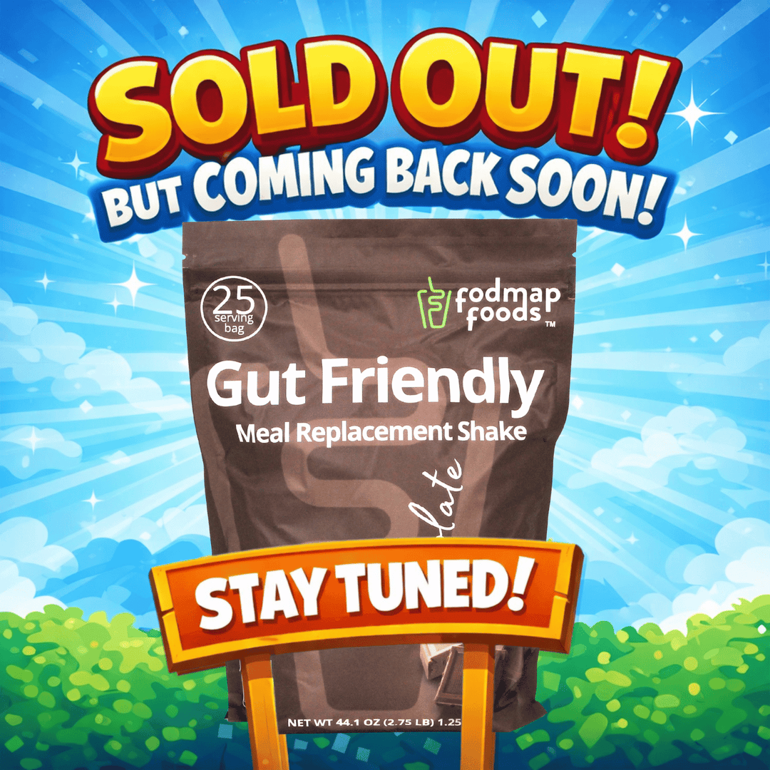 Bright, upbeat banner announcing a sold-out product coming back soon, with a chocolate protein powder bag centered against a blue sky background and bold ‘Sold Out – Coming Back Soon’ text above.