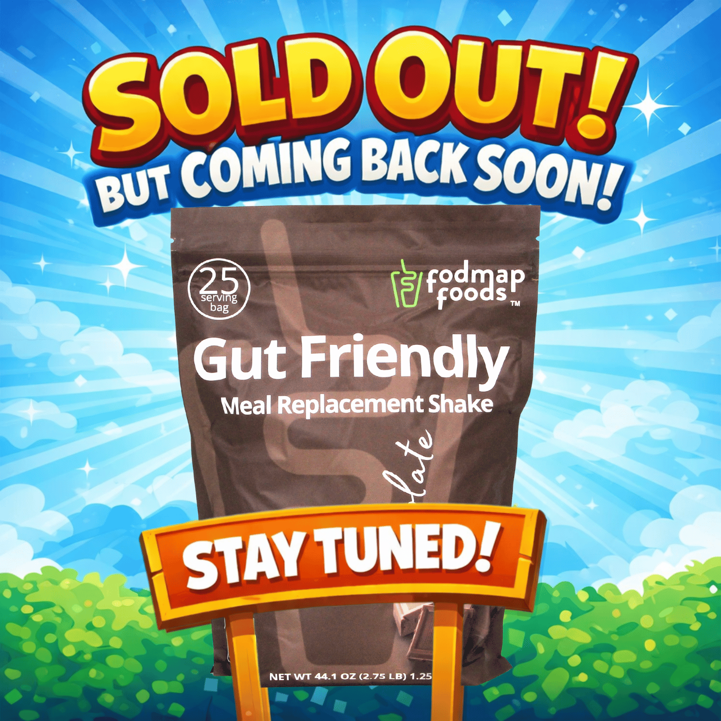 Bright, upbeat banner announcing a sold-out product coming back soon, with a chocolate protein powder bag centered against a blue sky background and bold ‘Sold Out – Coming Back Soon’ text above.