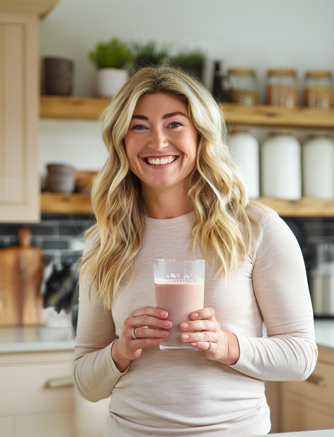 lady with IBS and blonde hair holding a FODMAP Foods Shake