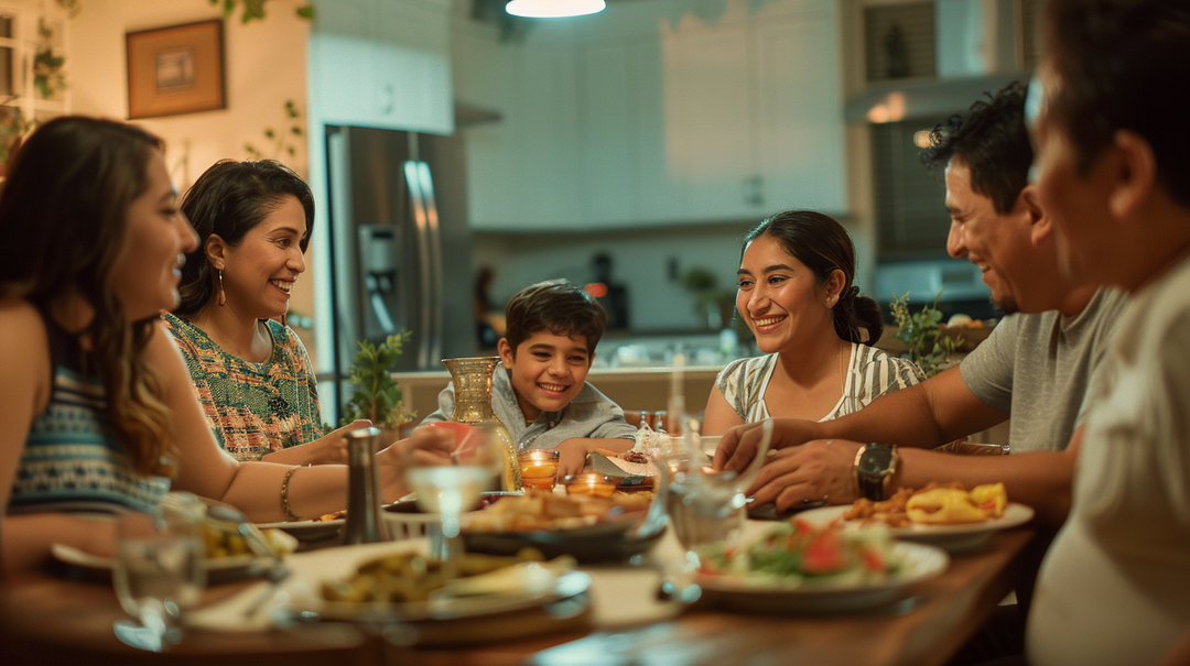 Happy Hispanic Family around a dinner table