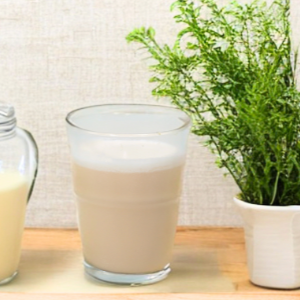 Delicious-looking-low-FODMAP-low-carb-drink-in-a-glass-cup-sitting-on-a-bright-kitchen-counter-next-to-a-bright-green-plant-and-glass-pitcherr